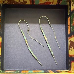 Turquoise Heishi Bead Threader Earrings - Blue Green